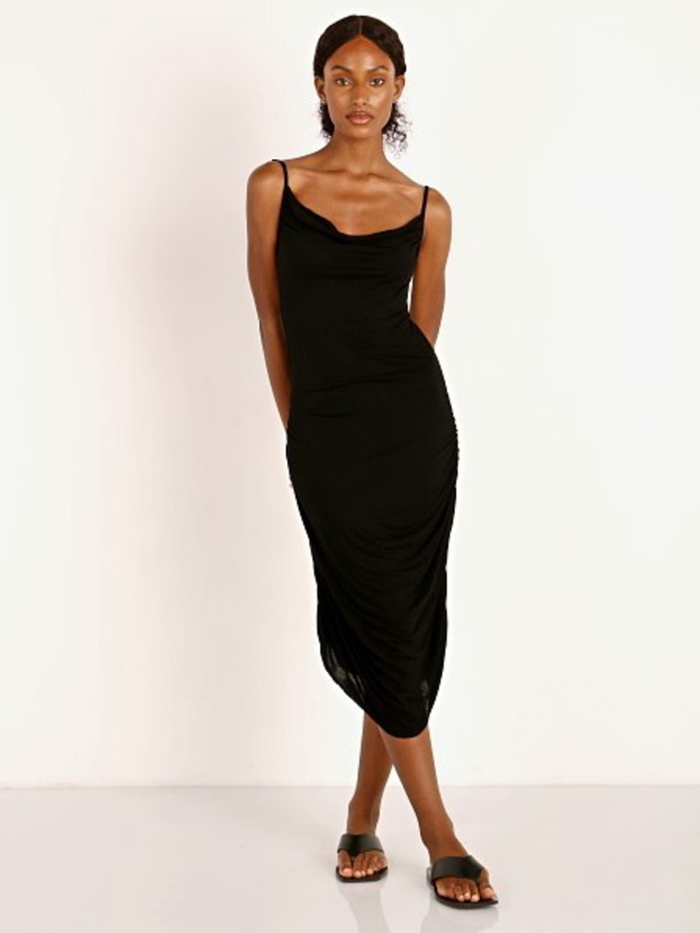 Indah Cloud Gathered Side Black Spaghetti Strap Bamboo Midi Dress Size Small